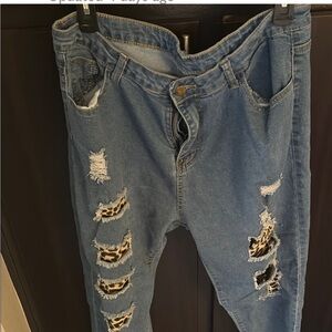 Distressed Blue Jeans with Leopard Print Accents BUndle